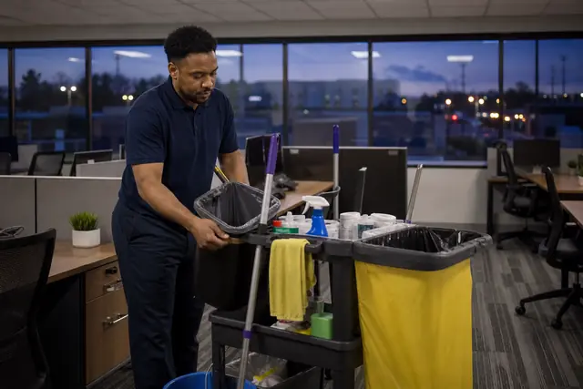 Janitor emptying office trash into a cleaning cart after hours