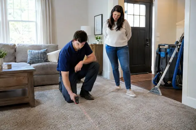 Carpet cleaning technician running an extraction wand across a living room carpet