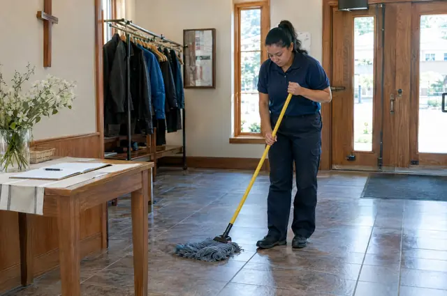 Cleaner vacuuming the carpet between wooden pews in a church sanctuary