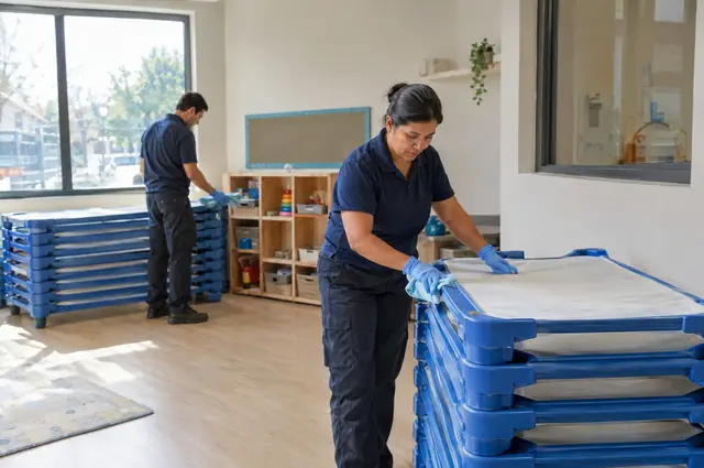 Cleaner wiping down a low table and toy shelves in a bright daycare classroom