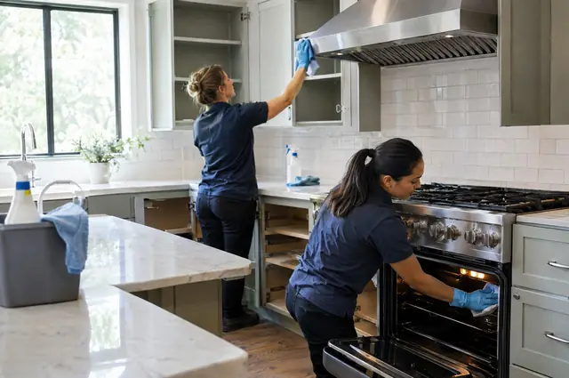 Cleaner wiping the inside of kitchen cabinets during a whole house deep clean