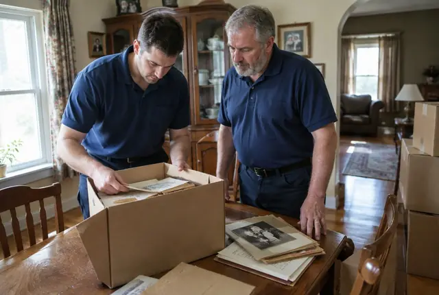 Family sorting labeled boxes in the living room of an older home during an estate cleanout