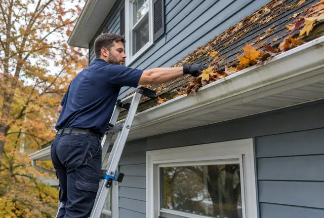 Gloved hand scooping wet leaves out of a house gutter beside a ladder in fall
