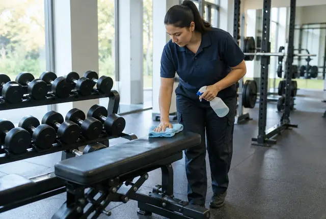 Cleaner wiping down a weight bench beside a rack of dumbbells on a black rubber gym floor