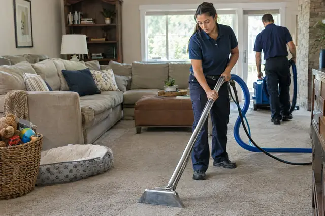 Technician running a hot water extraction wand across a living room carpet