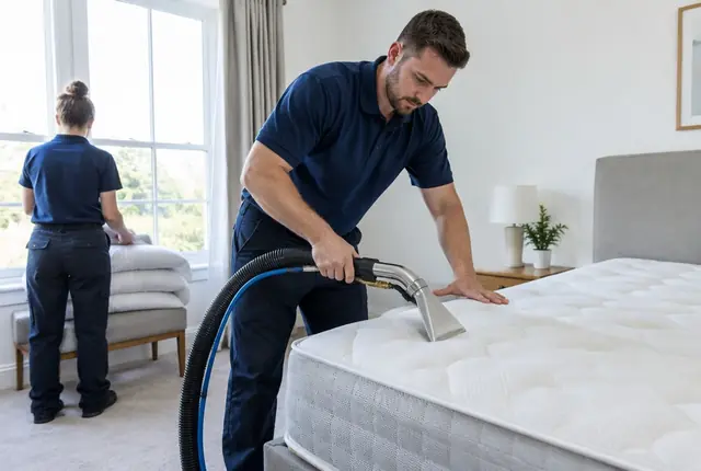 Bare white mattress being vacuumed along the seams with an upholstery attachment
