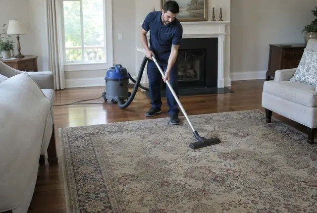 Wool area rug with a red and blue pattern being vacuumed on a living room floor