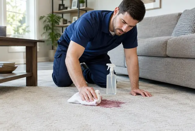 Hand blotting a red wine spill on light beige carpet with a folded white cloth