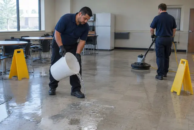 Floor machine with a black stripping pad scrubbing old finish off VCT tile, with wet floor signs in the background