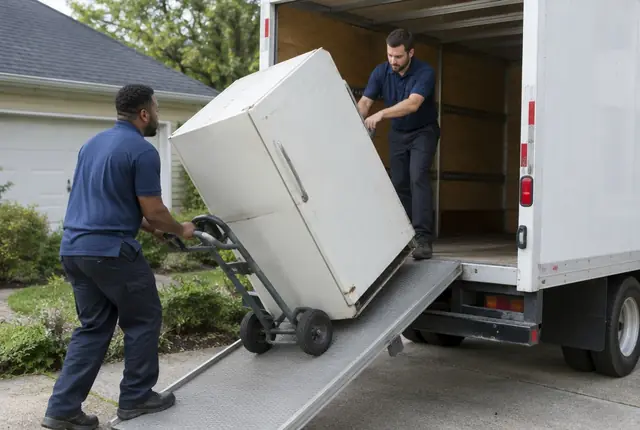 Crew loading an old couch and boxes from a garage into a junk removal truck