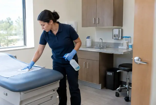 Cleaner wiping down chair arms and a side table in a bright medical office waiting room