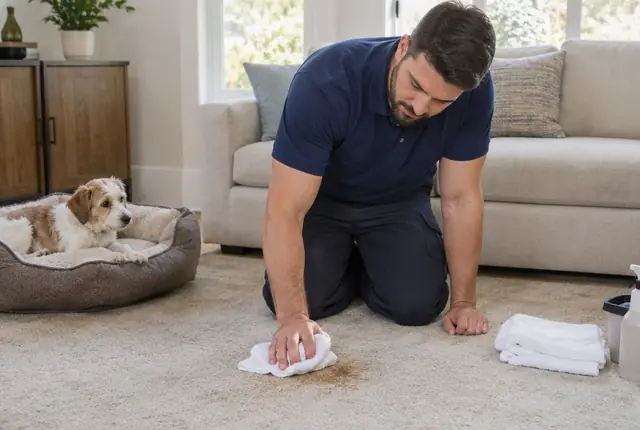 Hand blotting a yellow pet urine stain on beige carpet with white paper towels