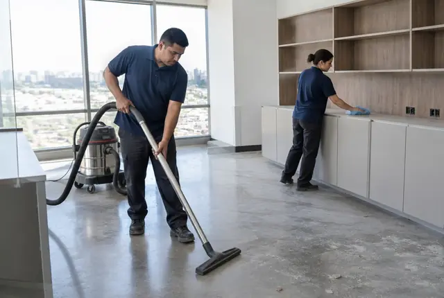 Cleaner wiping drywall dust off a window sill in a newly finished room
