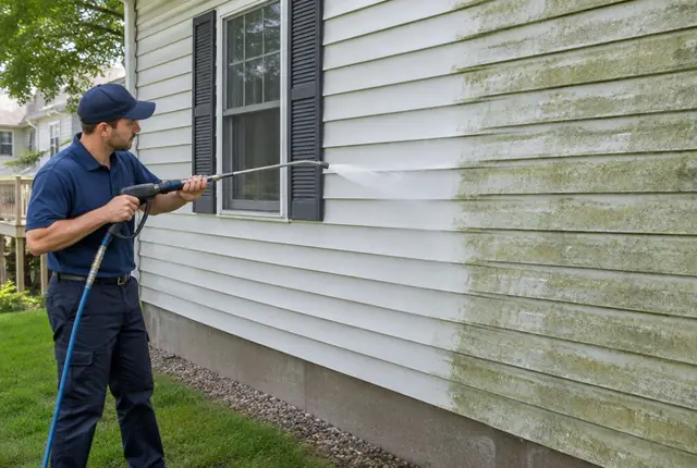 Technician rinsing green algae off light vinyl siding on a two story house with a low pressure spray