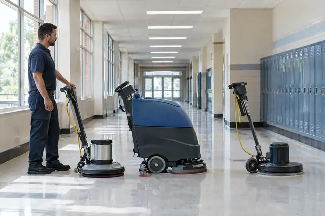 High speed burnisher polishing a waxed VCT floor in a commercial hallway