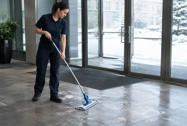 Commercial building entrance with salt stains and ice melt residue on a tile floor next to an entry mat